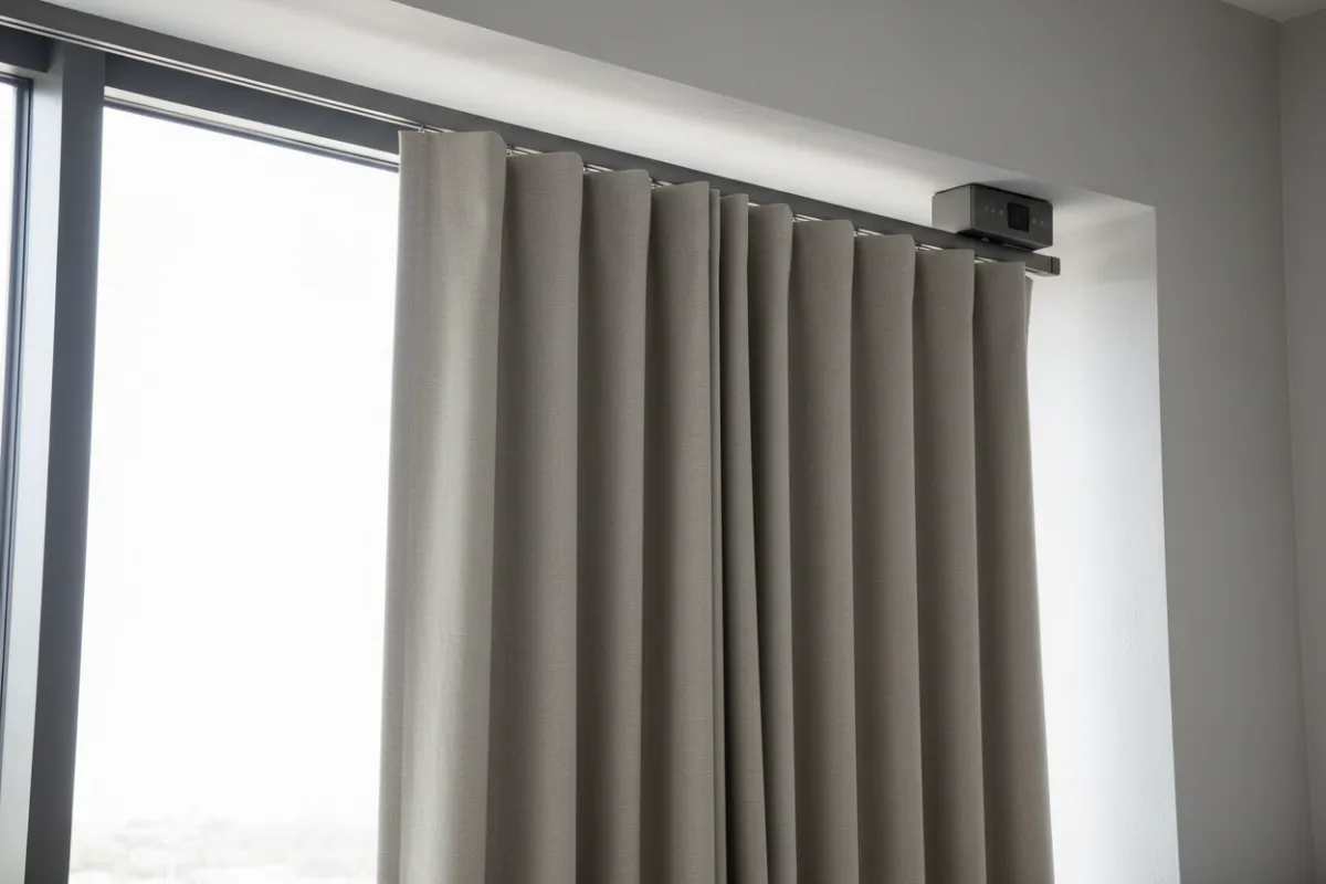 Motorized curtain rail and modern control unit in a commercial setting