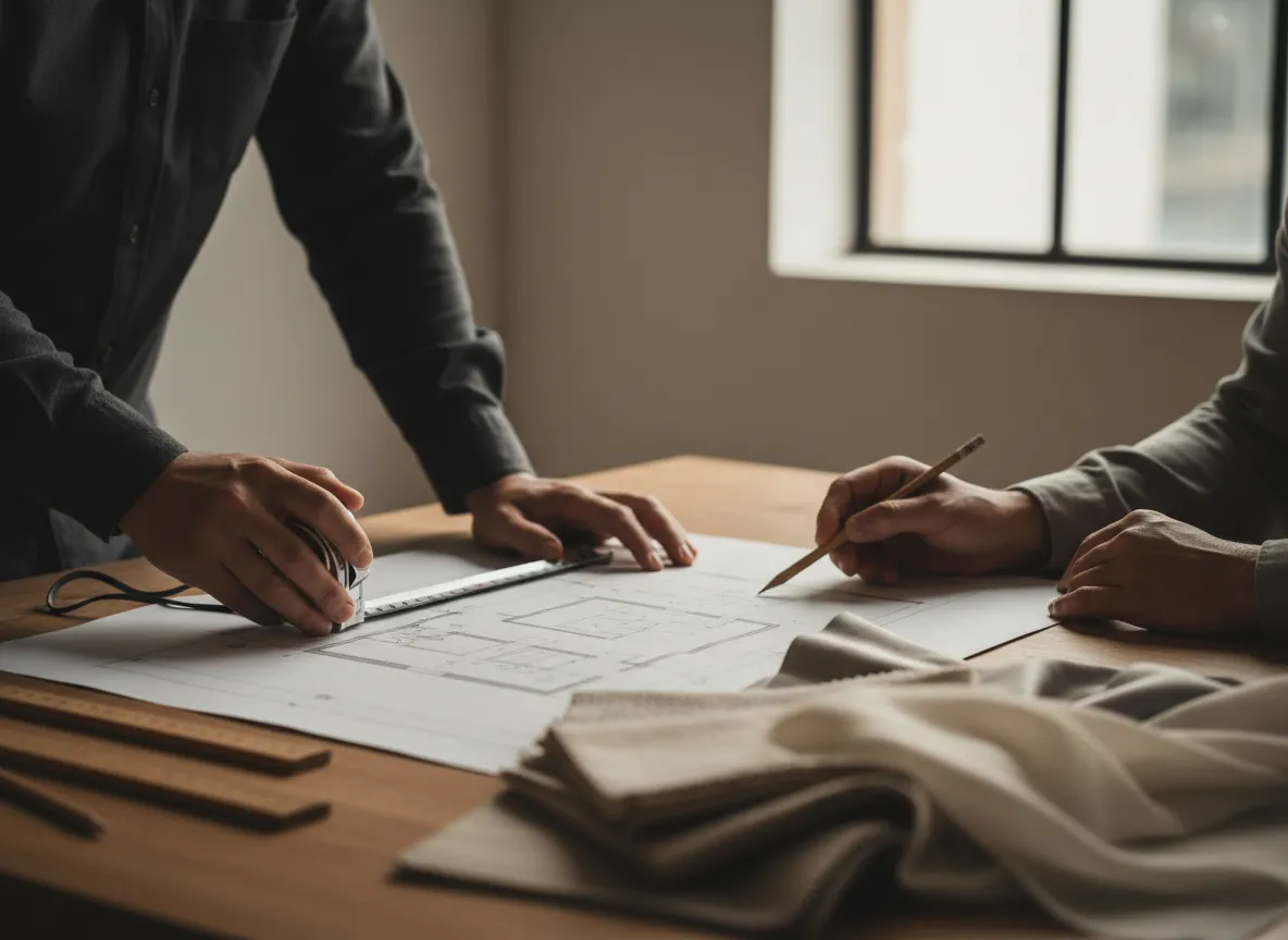Designer inspecting installed drapery in a finished interior, showing stitch lines and installation finish.