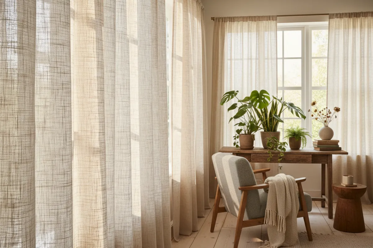 Sunlit study with organic linen panels, natural fibers visible and potted plants nearby.
