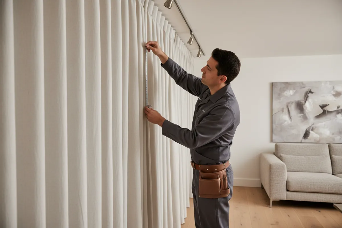 Technician carefully inspecting curtain pleats and mounting hardware in a living room.