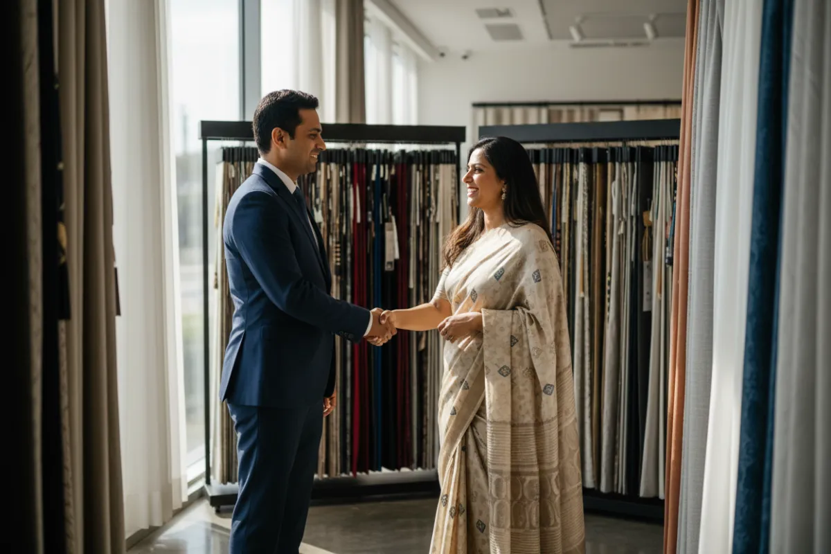 Craftswoman measuring and pinning curtain fabric in a bright studio.