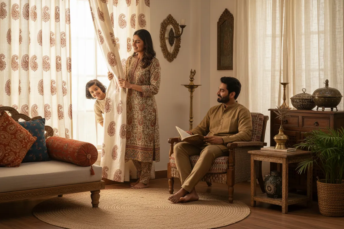 Designer meeting a client at a window, holding fabric swatches and a tape measure in a cozy living room.