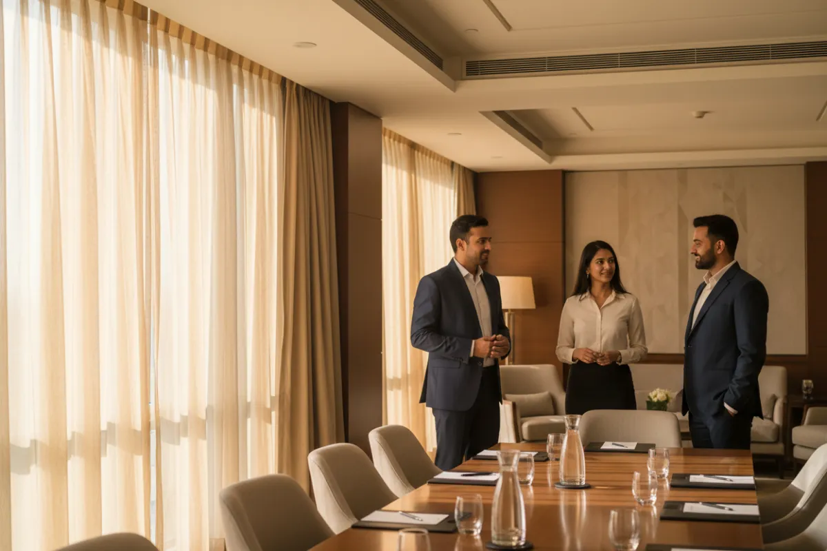 Hotel suite with full-height HearthLine drapery framing a city view