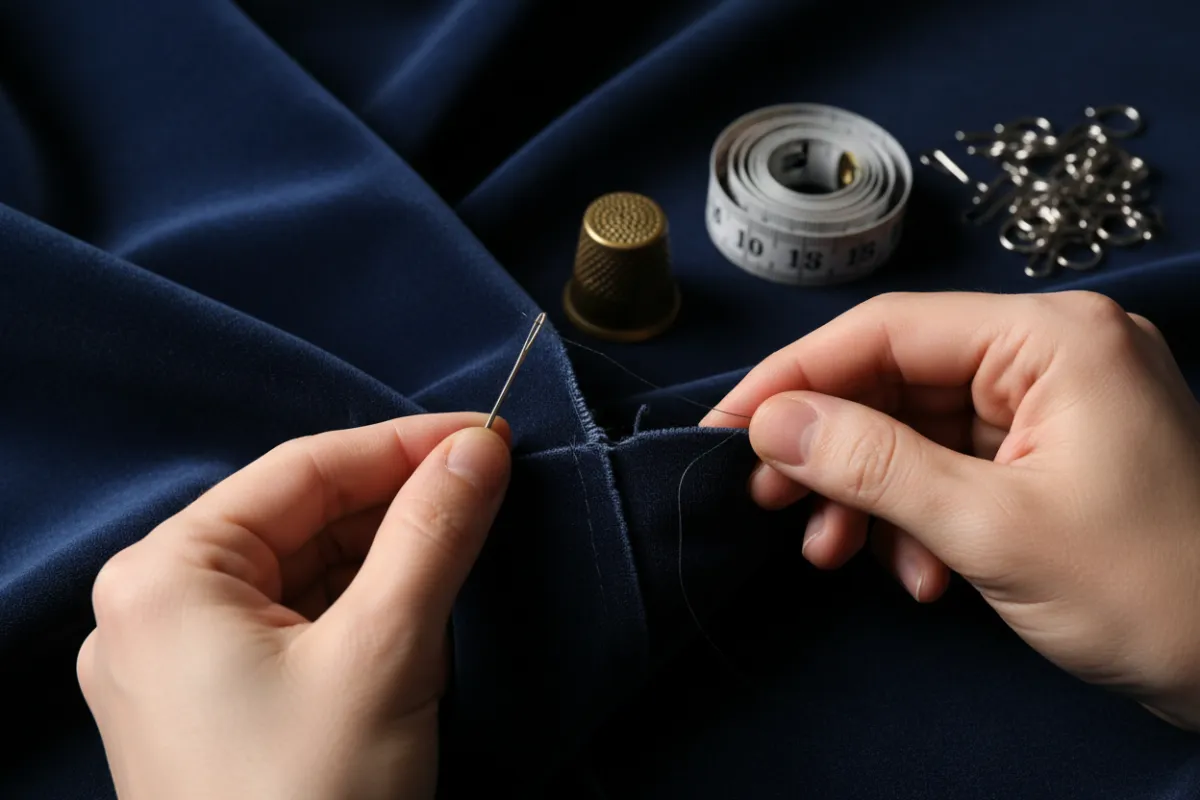 Repair specialist stitching a torn curtain hem with fine thread and hardware.