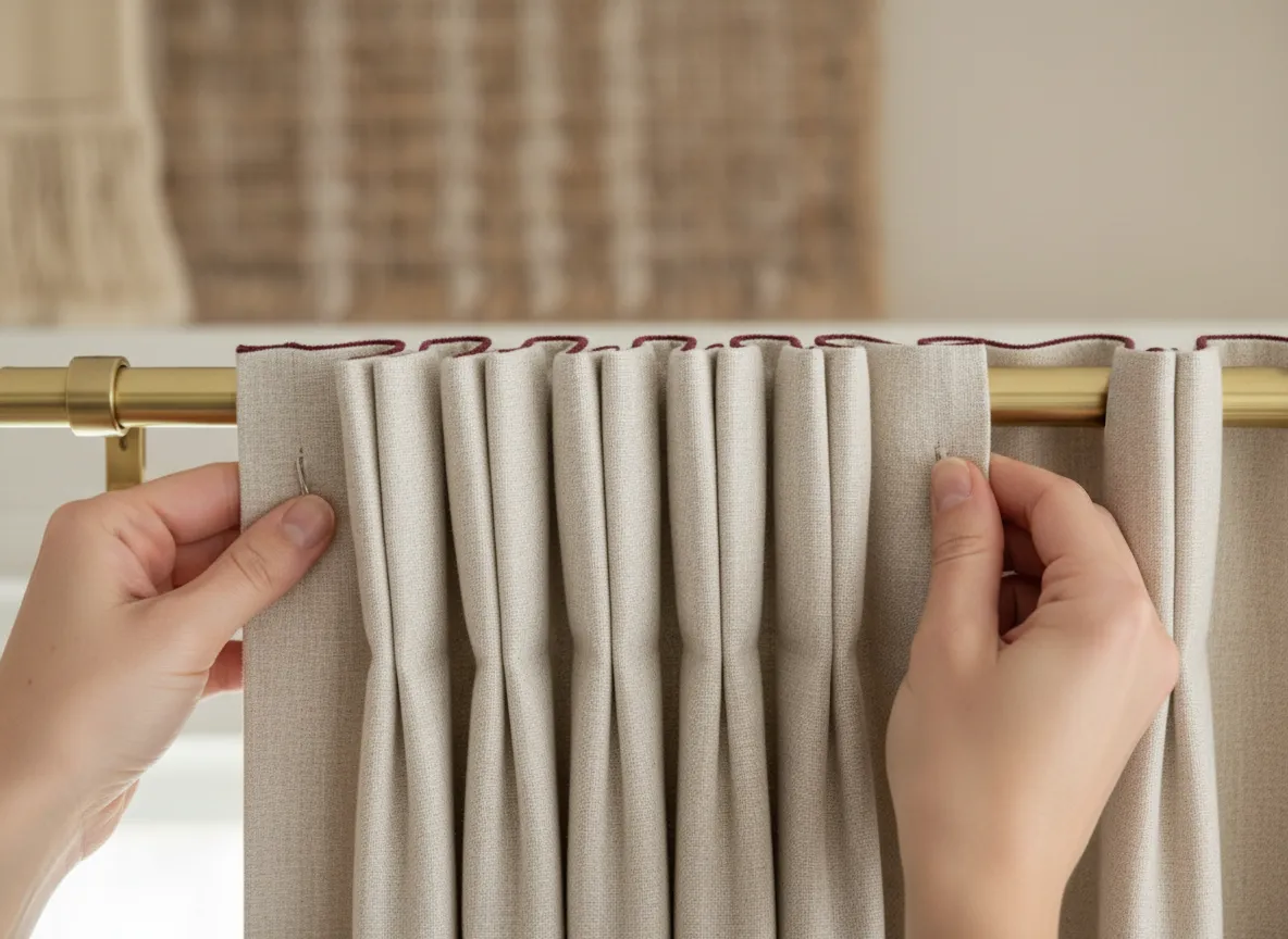 Installer aligning curtains on a curtain rod in a softly lit room, showing detail of seam and finish.