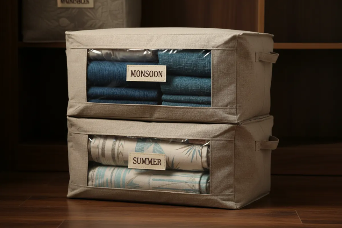 Organized seasonal curtain packing labeled for monsoon and summer in breathable covers.
