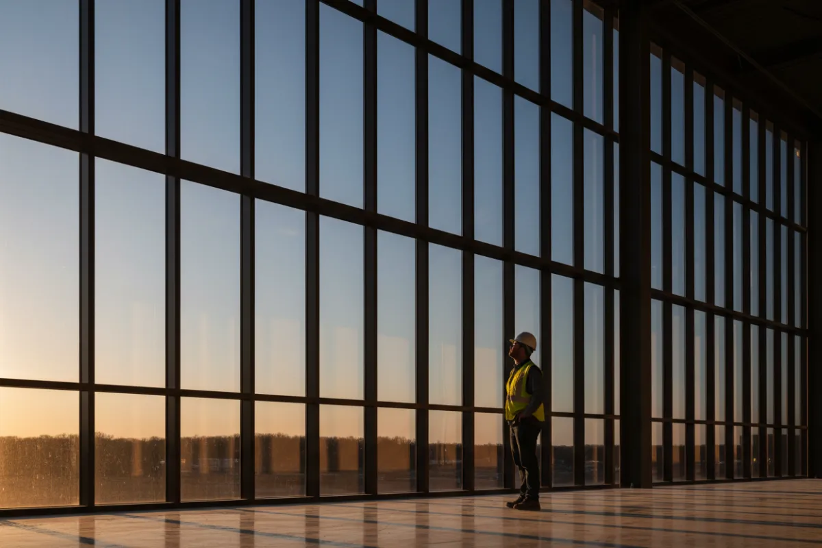 Site supervisor inspecting installed curtain systems on a large window wall.