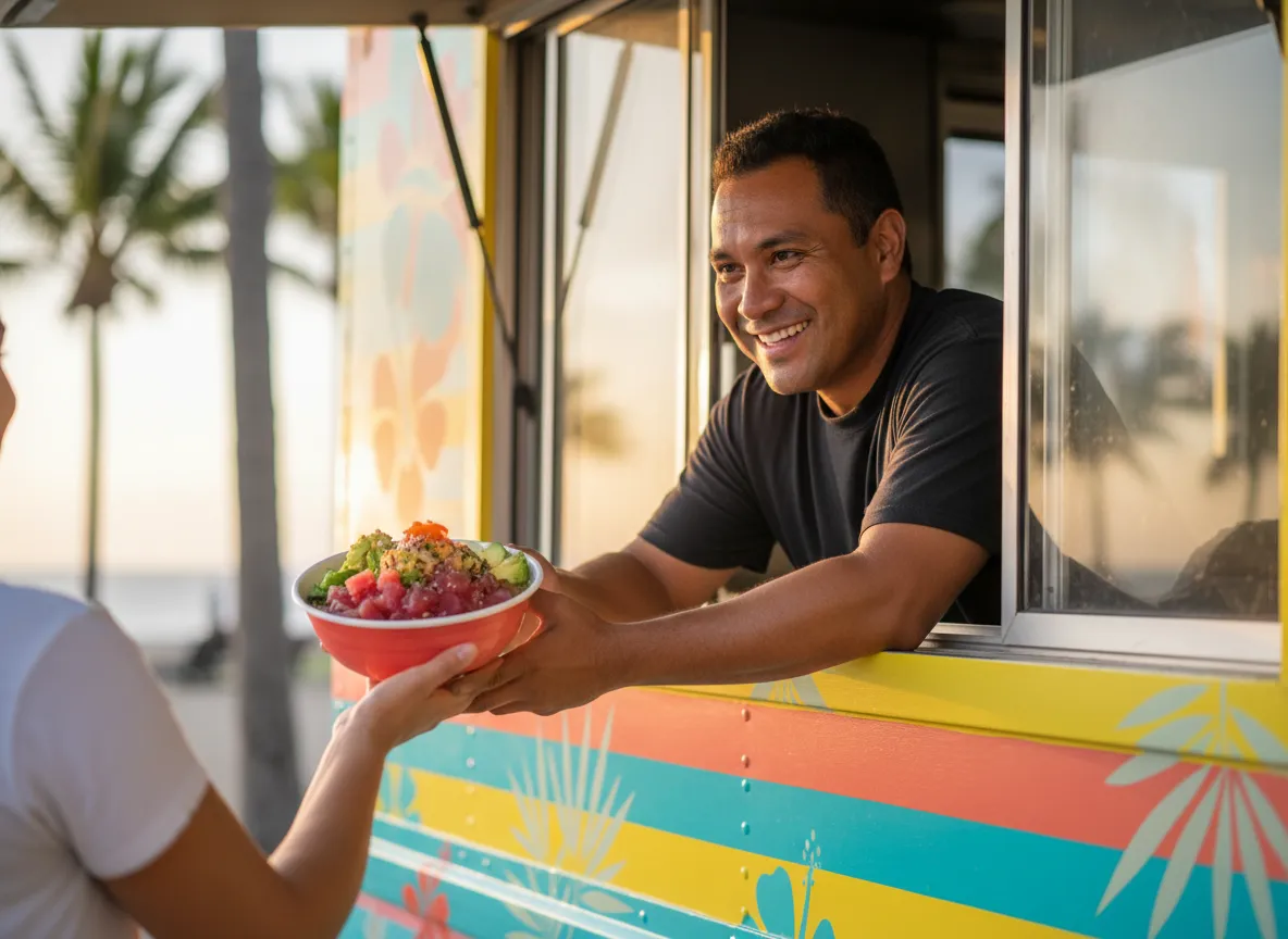 Island Mike serving poke from the food truck