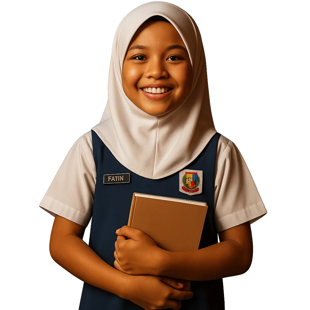 Confident smiling primary school student in Johor Bahru holding books with school bag cutout