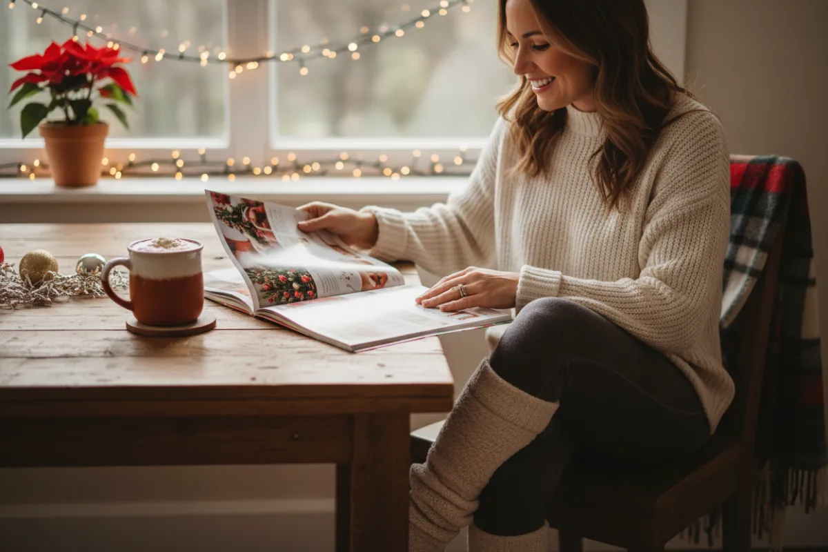 A cheerful mom in cozy winter clothes sits at a kitchen table, smiling as she flips through a colorful holiday guide, with festive decorations and a mug of cocoa nearby. The scene is bright, inviting, and full of warmth, evoking a sense of calm and readiness for the holidays.