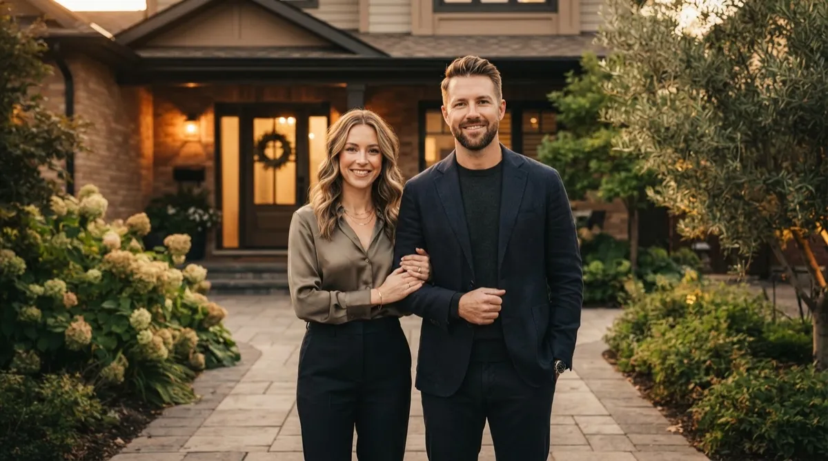 Couple standing in front of their suburban home representing mortgage protection