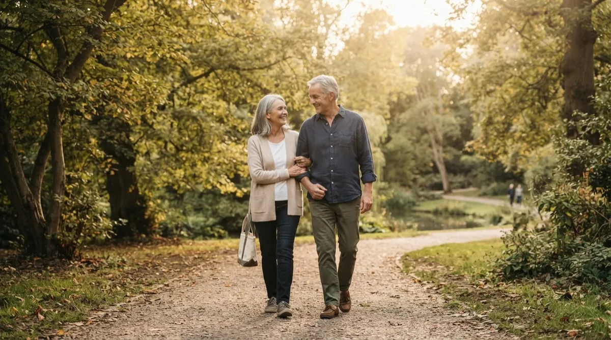 Active mature couple enjoying a tranquil walk during retirement