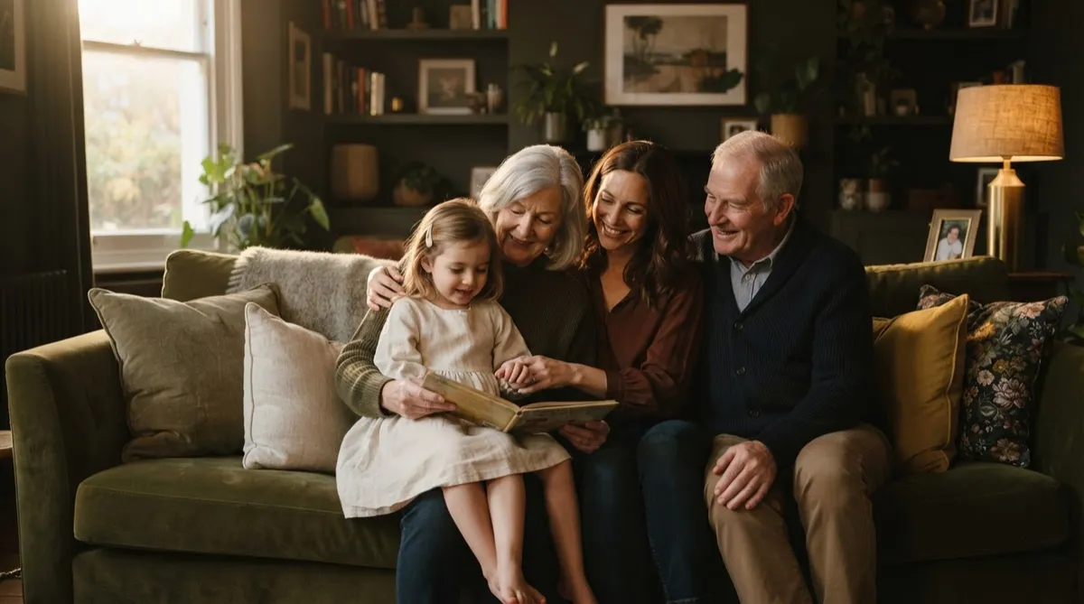 Family gathered warmly in living room representing life insurance legacy protection