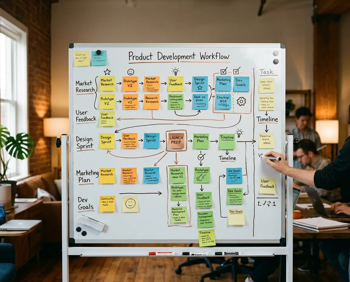 Collaborative workshop whiteboard with organized sticky notes and workflow mapping in a warm studio workspace