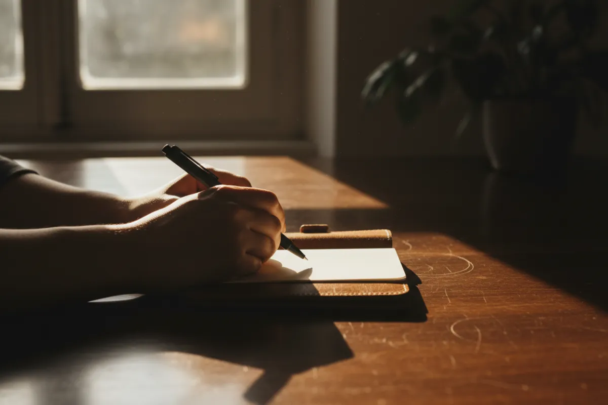 Mains tenant un carnet et un stylo sur un bureau en bois, lumière du matin, ambiance douce et photoréaliste.
