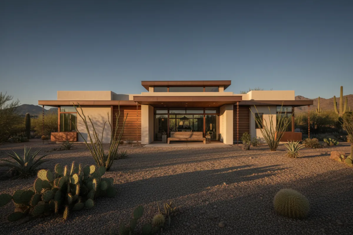 A completed modern casita in an Arizona desert landscape with warm natural lighting.