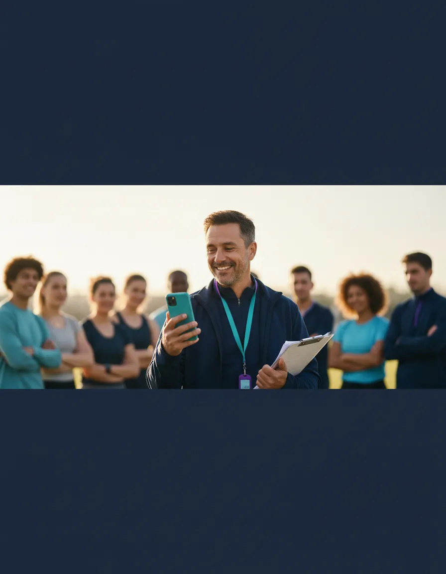 Friendly coach on a phone managing a campaign