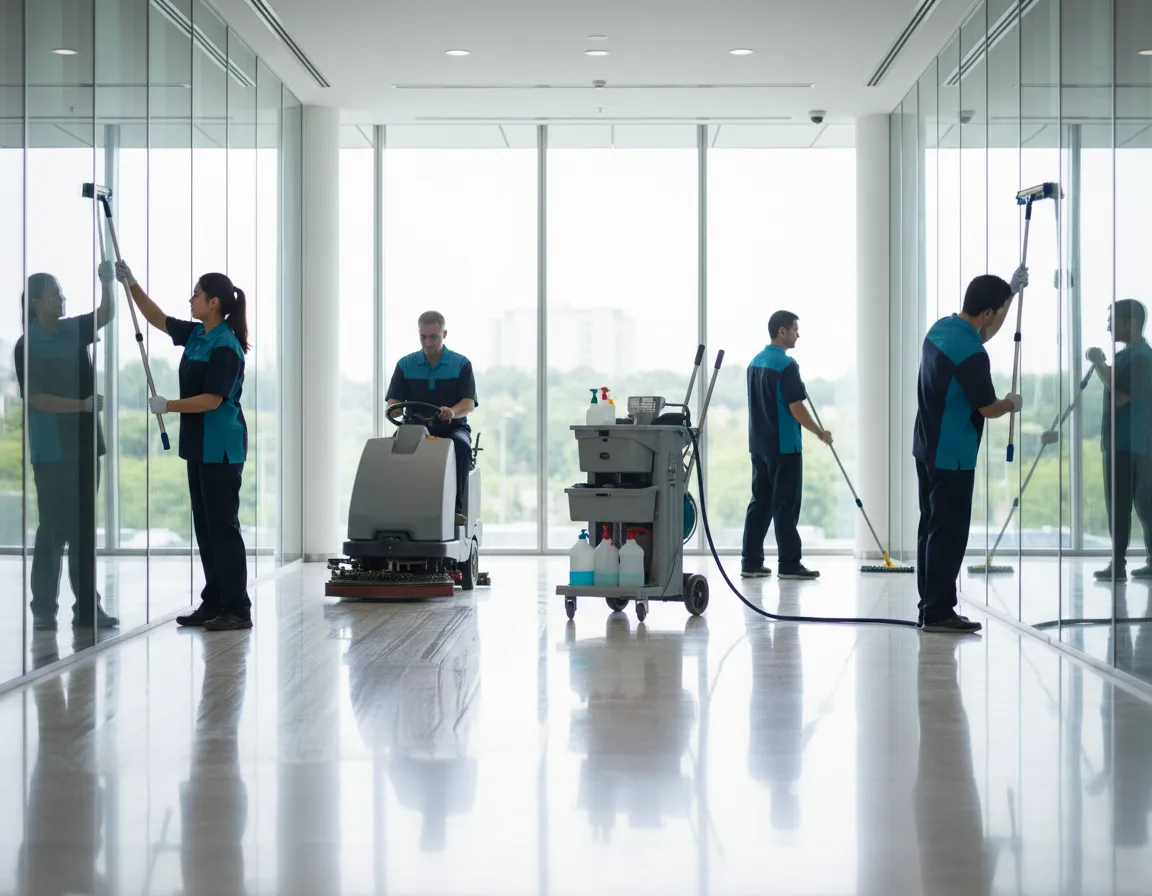 Professional janitorial staff cleaning a modern commercial hallway