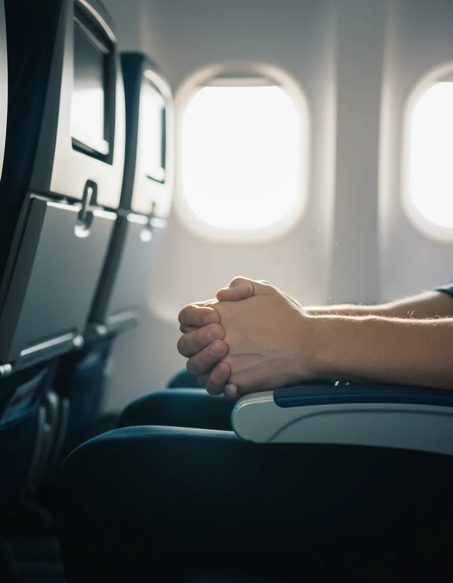 Stressed passenger gripping an airplane armrest during turbulence