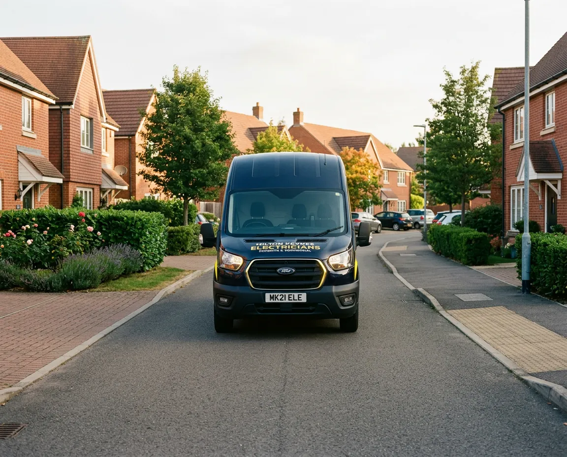 Professional electrical service vehicle parked in a modern Milton Keynes residential neighbourhood