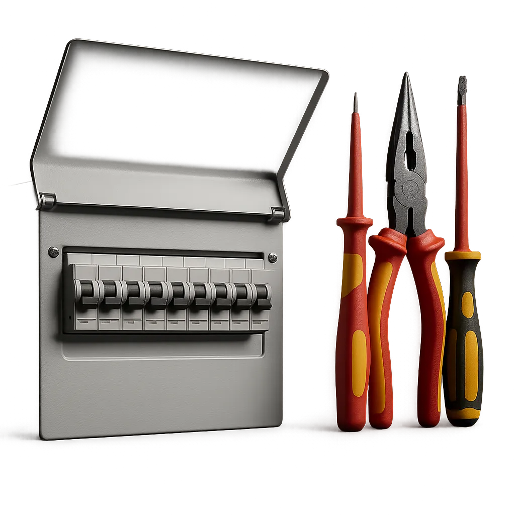 Professional domestic electrician testing a consumer unit board with precision tools
