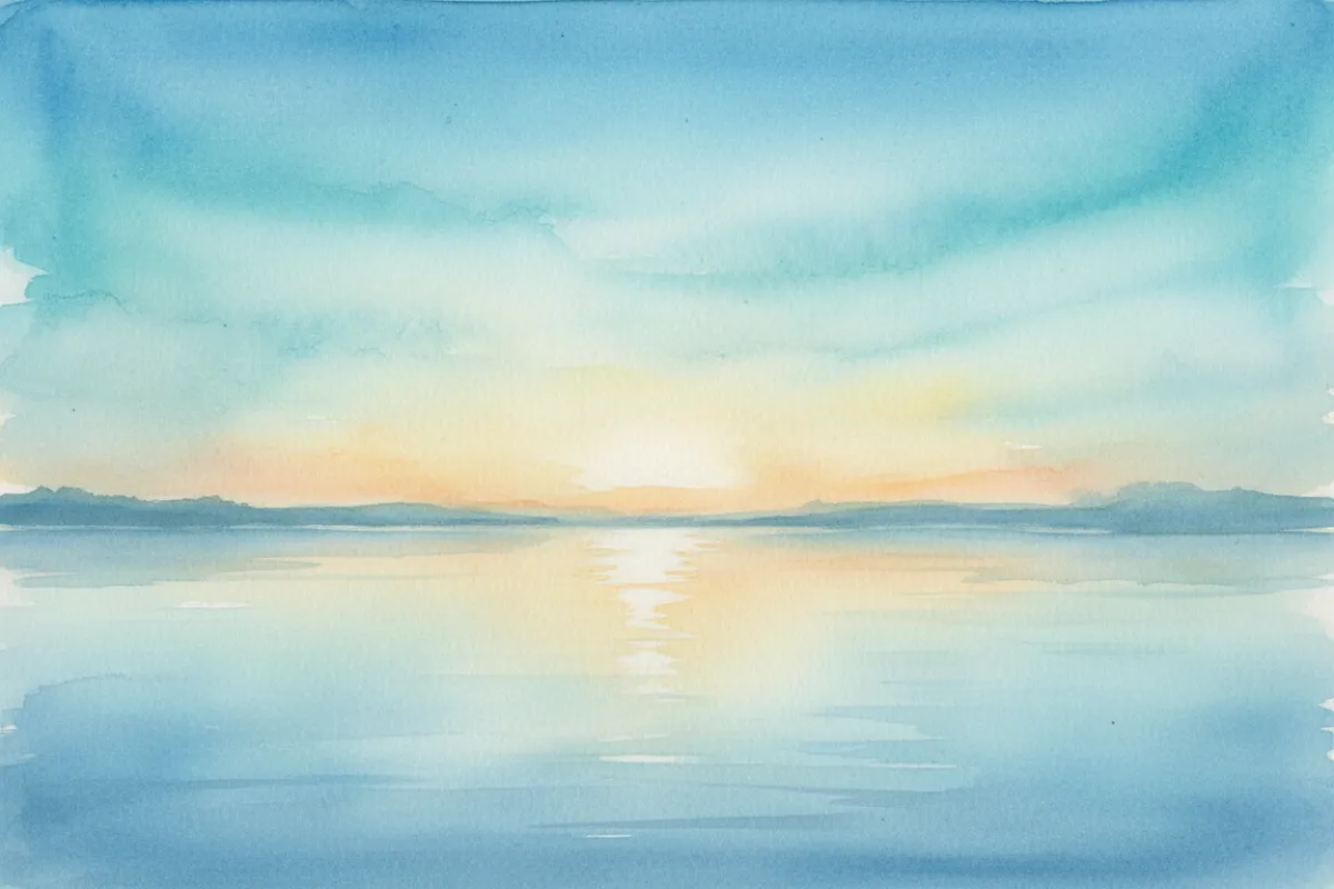 A soft watercolor sunrise over a calm horizon in blue and teal tones, evoking optimism and confidence.