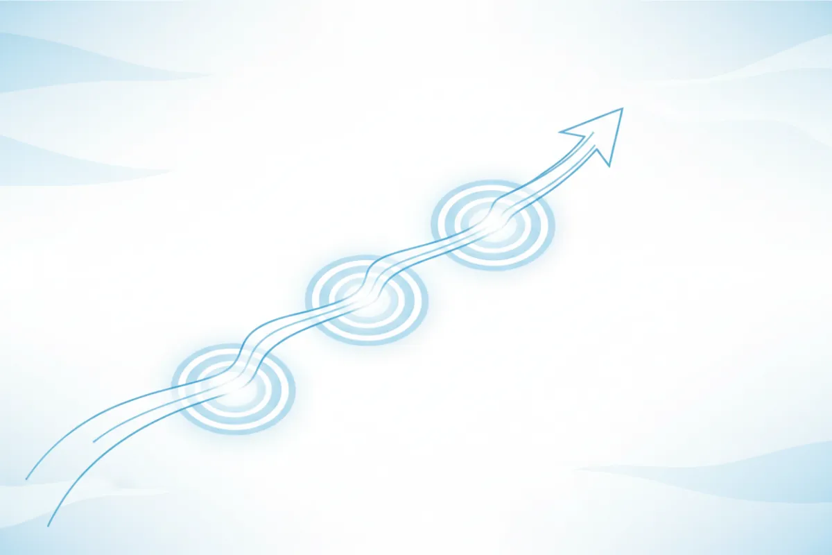 A minimalist vector scene showing a single upward arrow passing through a series of gentle checkpoints, each glowing softly. The background is clean white with subtle blue accents, evoking a sense of progress and careful attention to detail. No people are present, focusing on the journey itself.