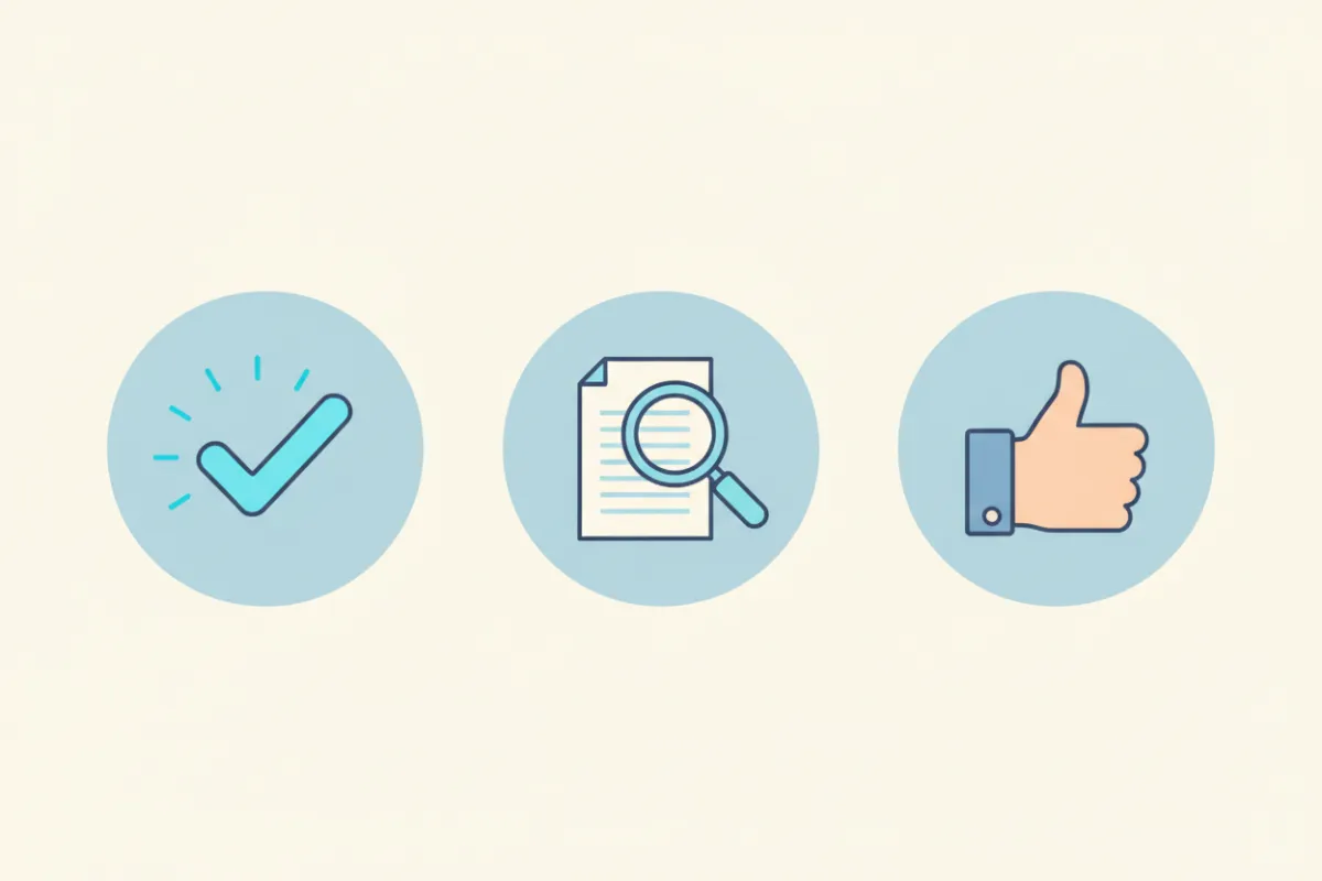 Three icons: checkmark, magnifying glass over document, thumbs-up, in blue circles, symbolizing benefits of optimization.
