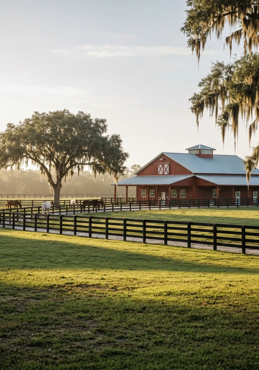 A high-quality environmental shot of an Ocala horse farm featuring a post-frame barn in warm Florida sunlight.