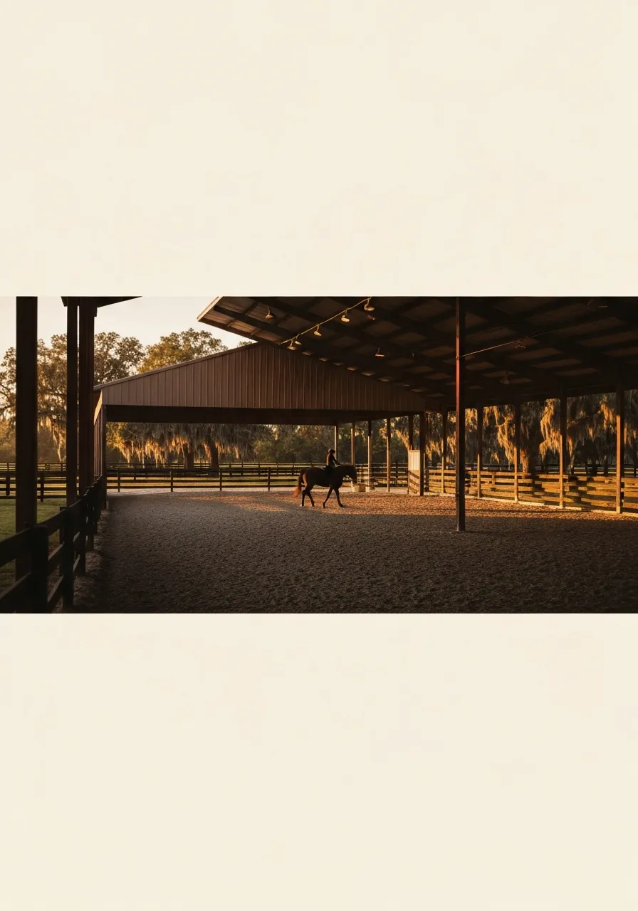 High-end Ocala horse farm with premium covered riding arena showing natural light and open clearance