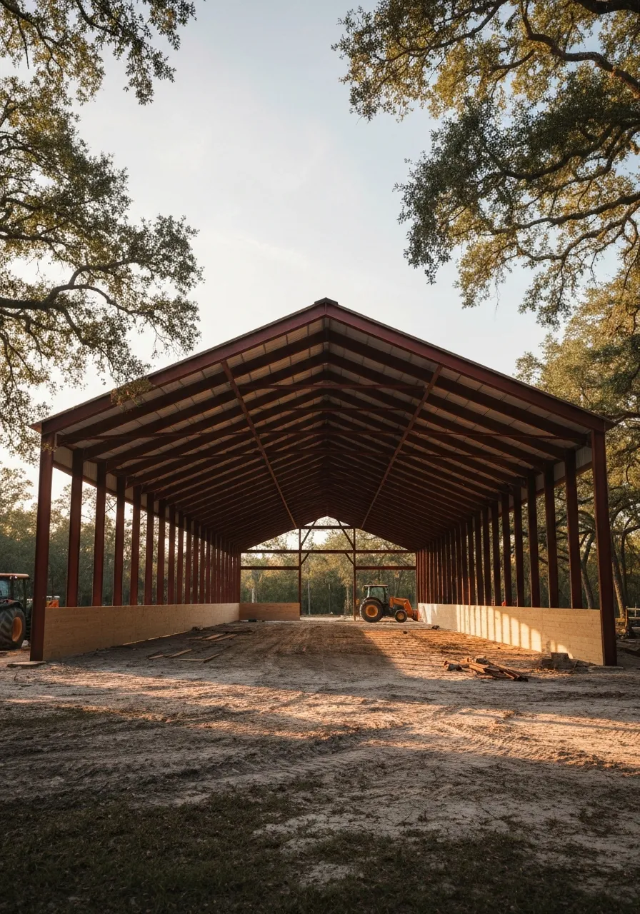 A working Florida horse property and barn construction scene