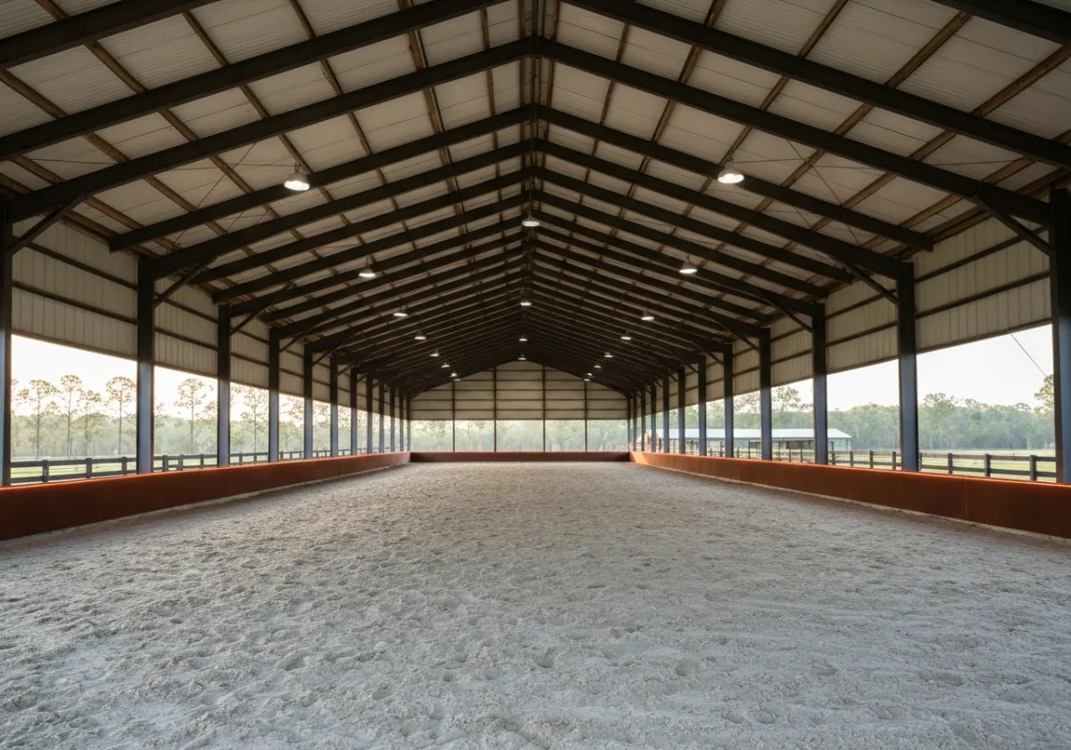 Covered clear-span riding arena interior