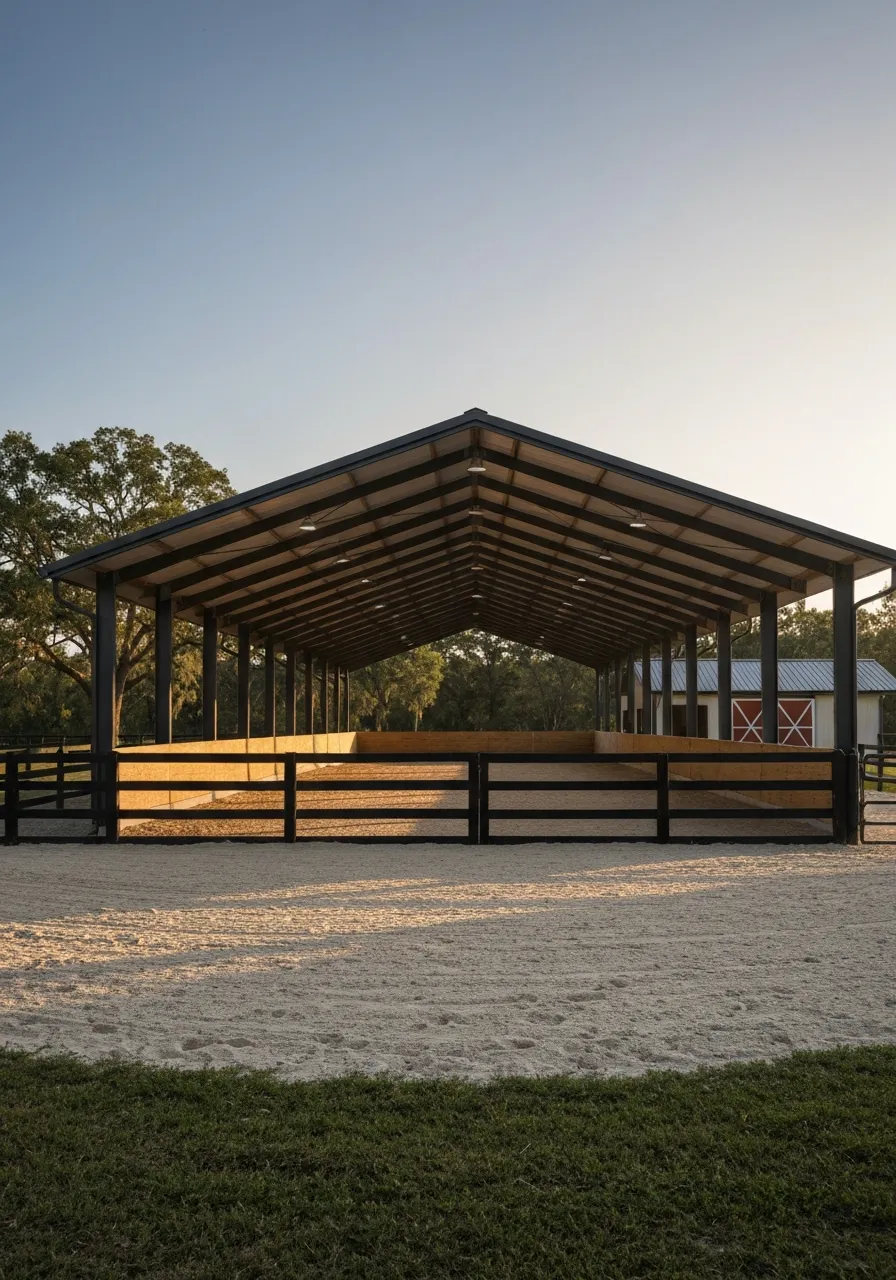 Large covered riding arena structure