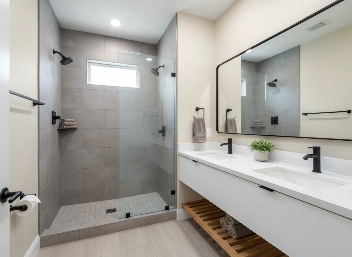 Modern tile bathroom remodel in Ocala Florida by LK Homes