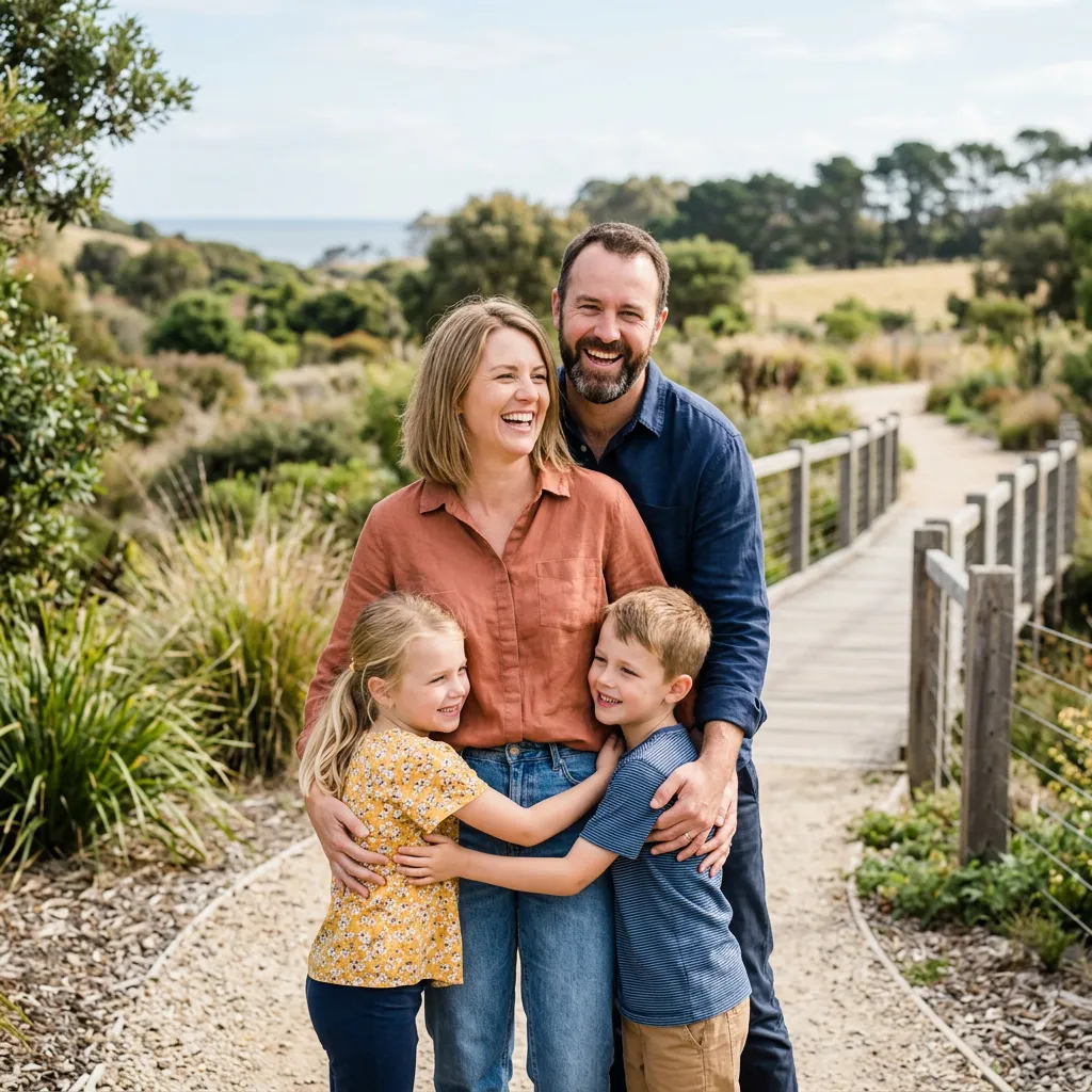 Family of four hugging outdoors.