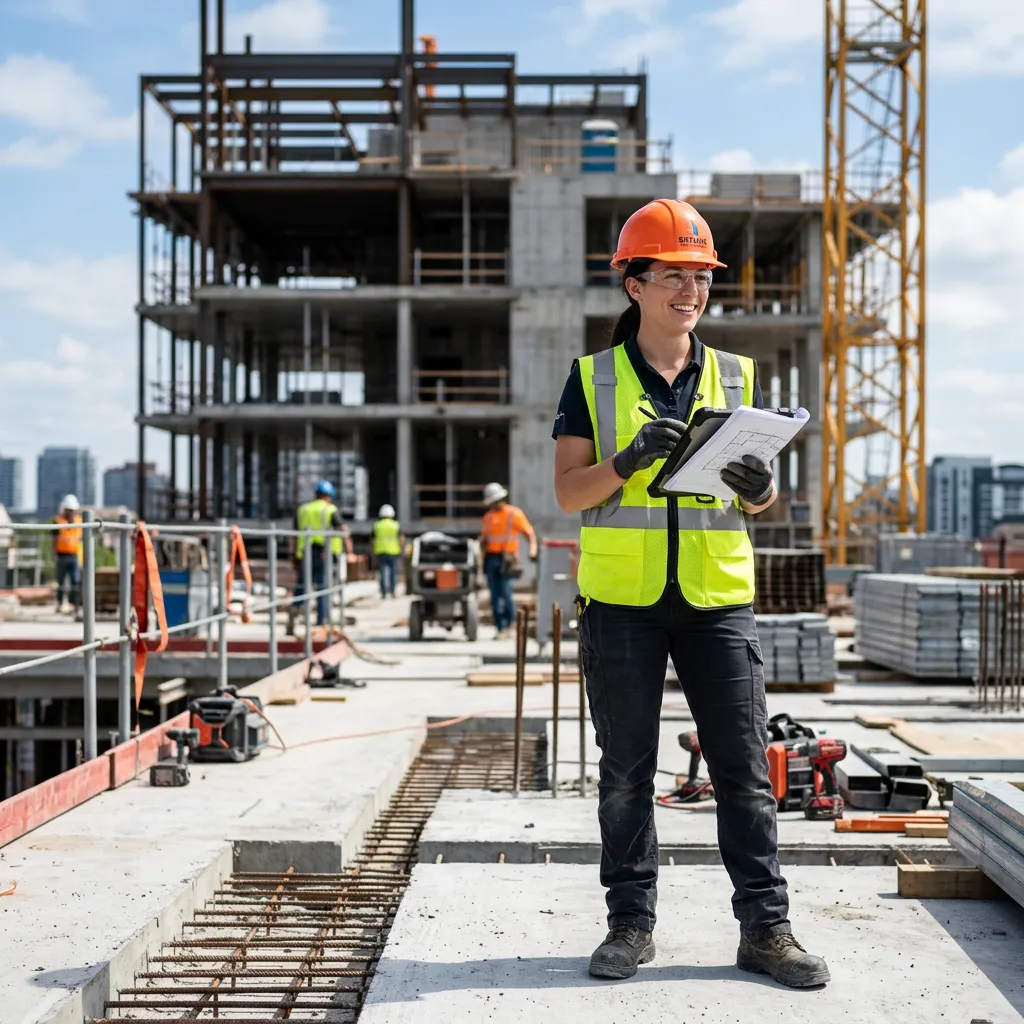 Construction worker in hard hat and safety vest on a site.