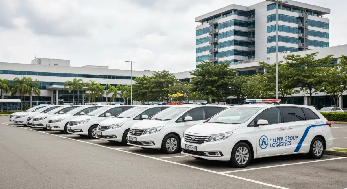 A fleet of various white medical transport vehicles including minivans and sedans parked in a row in a paved parking lot outside an office building, all bearing the Helper Group Logistics branding