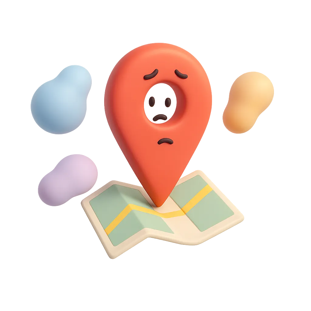Quirky 3D minimalist location pin surrounded by soft floating blob shapes