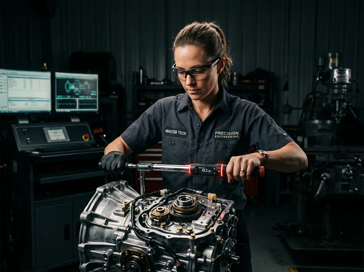Certified master technician precision-calibrating mechanical assembly with specialized torque equipment