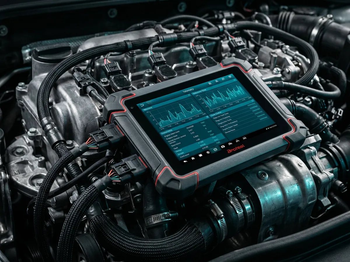 Close-up of high-precision electronic diagnostic tool connected to high performance engine harness