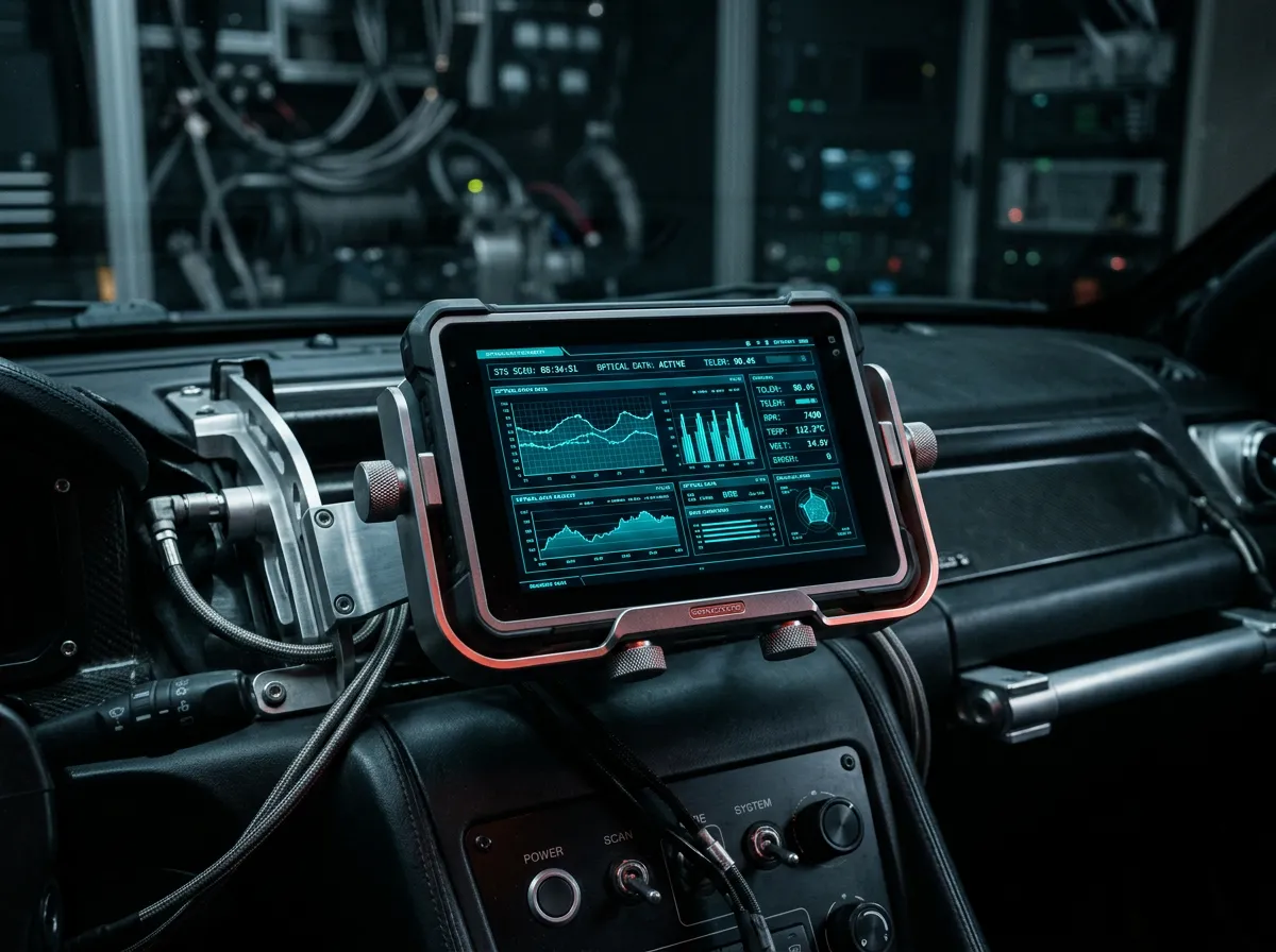 Digital automotive inspection tablet showing cyan optical scan telemetry and mechanical components