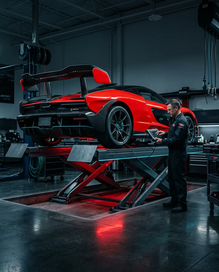 Exotic high-performance vehicle on hydraulic service lift undergoing computerized diagnostics by a master technician