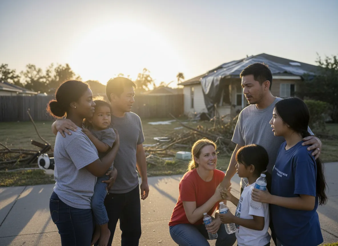 Community volunteers comforting and supporting a family after a disaster