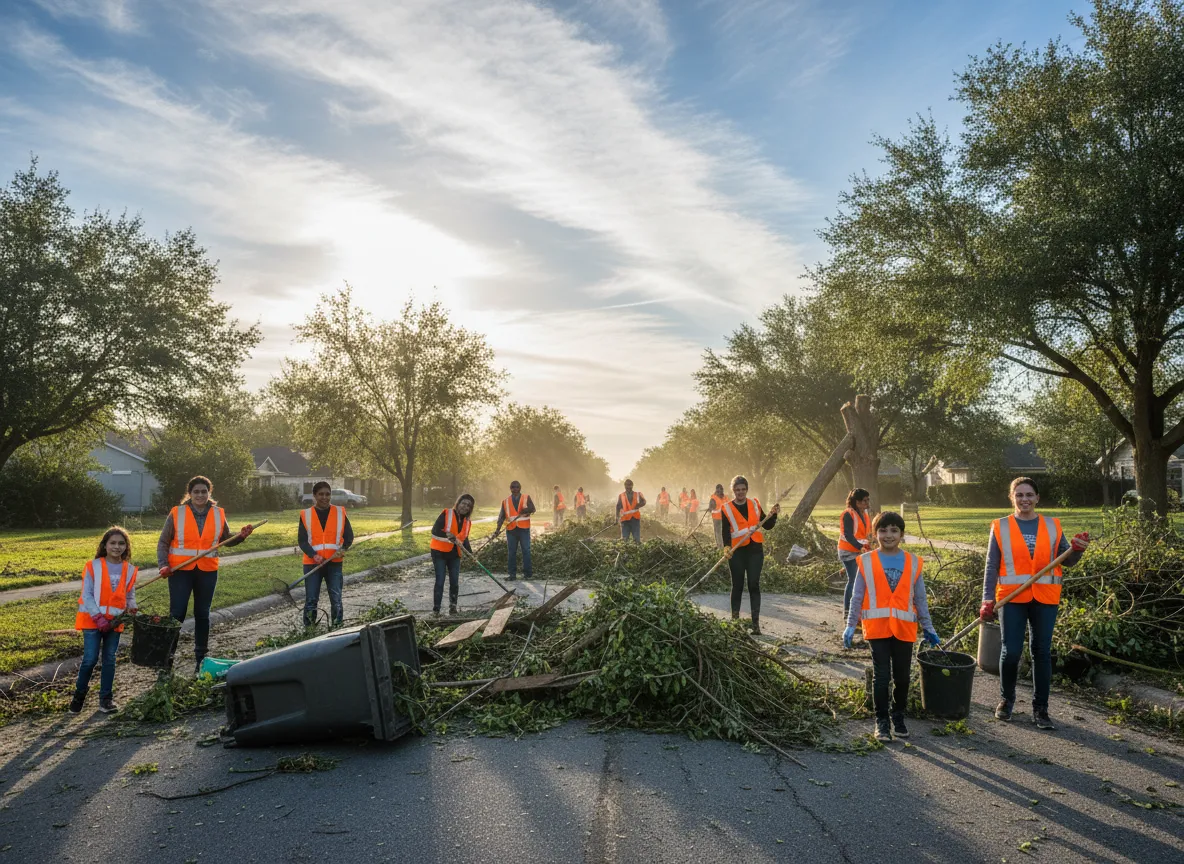 Volunteers cleaning up debris in a neighborhood