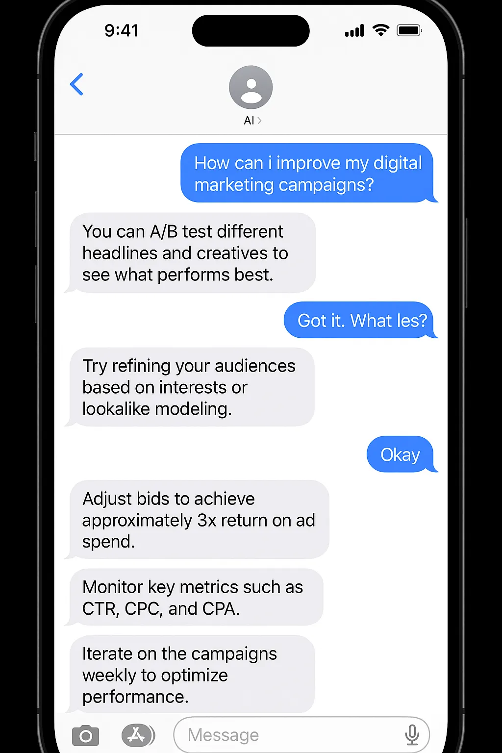 iPhone Messages-style AI chat about digital marketing