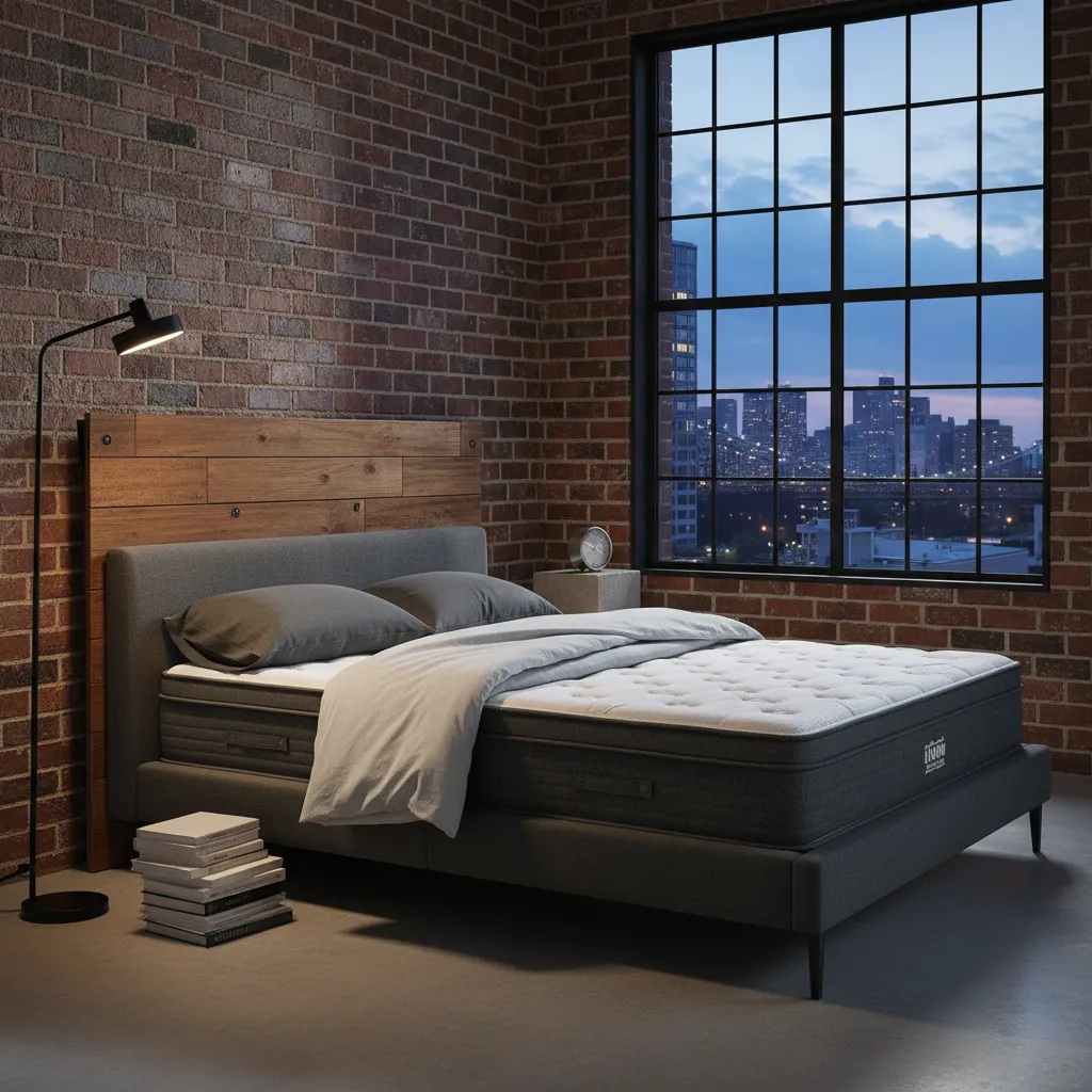 A full-size firm mattress on a platform bed in a city apartment, with large windows, industrial decor, and a stack of books on the floor. The vibe is urban and modern.