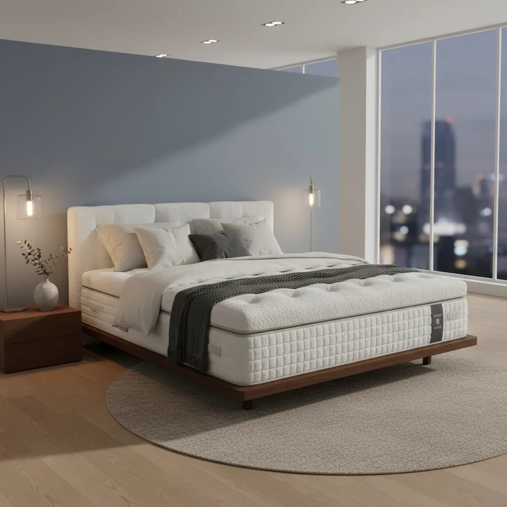 A plush king-size hybrid mattress with a tufted top, displayed in a softly lit showroom with modern decor and a subtle blue accent wall. The mattress is styled for comfort and luxury appeal.