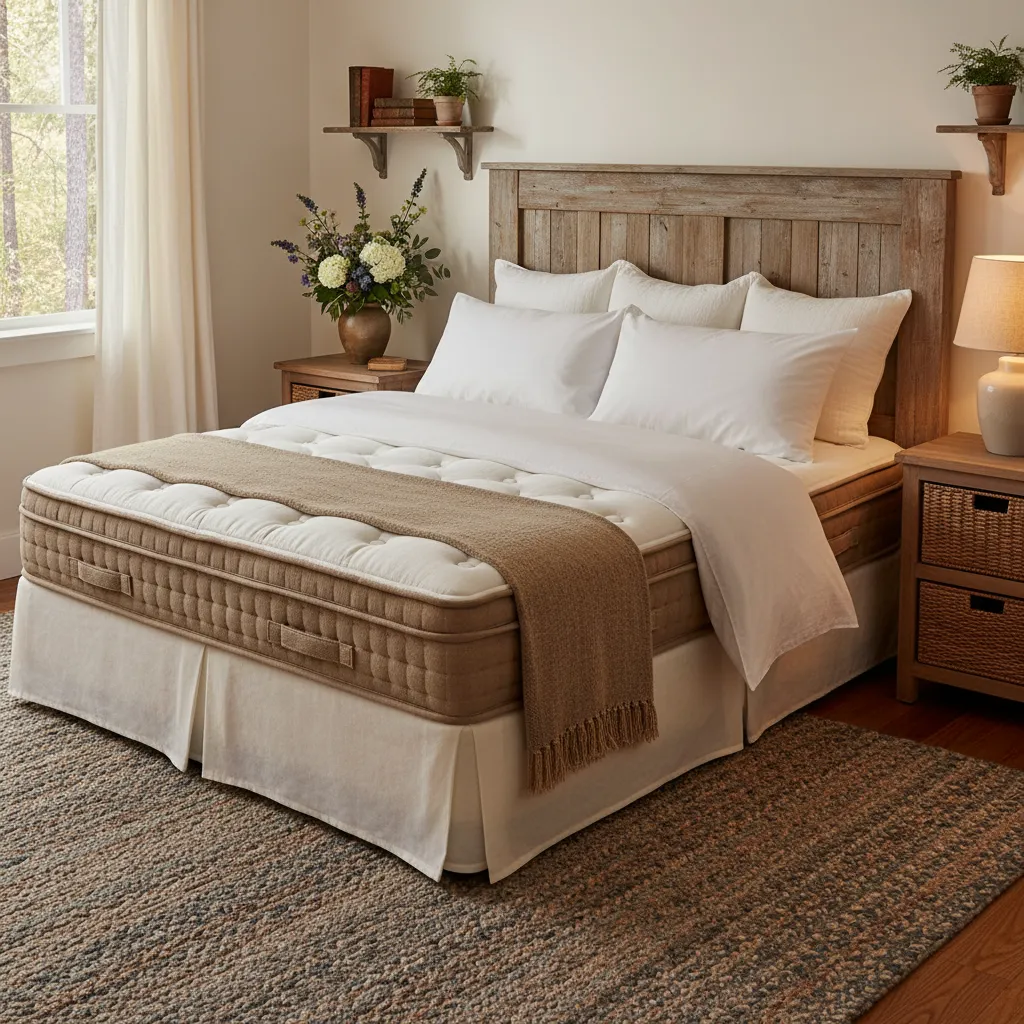 A queen-size pillow-top mattress in a cozy guest room with rustic wood accents, soft lighting, and a vase of fresh flowers on the nightstand. The setting is warm and inviting.