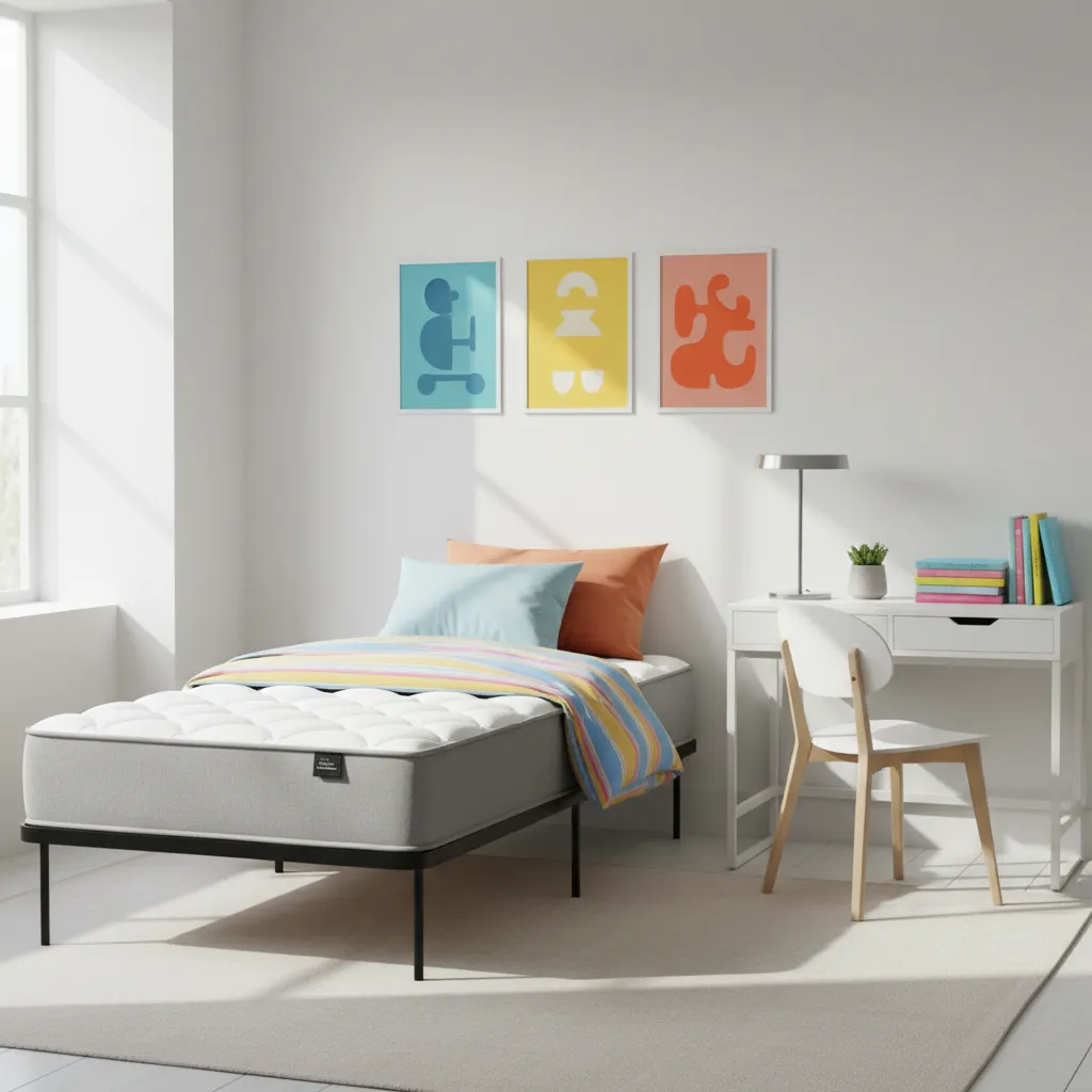 A twin-size memory foam mattress on a simple metal frame, set in a bright, minimalist teen bedroom with colorful posters and a study desk. The scene is playful and youthful.