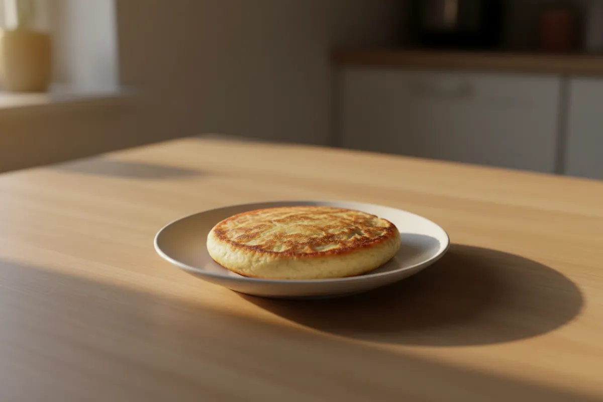 Single golden arepa on a clean white plate